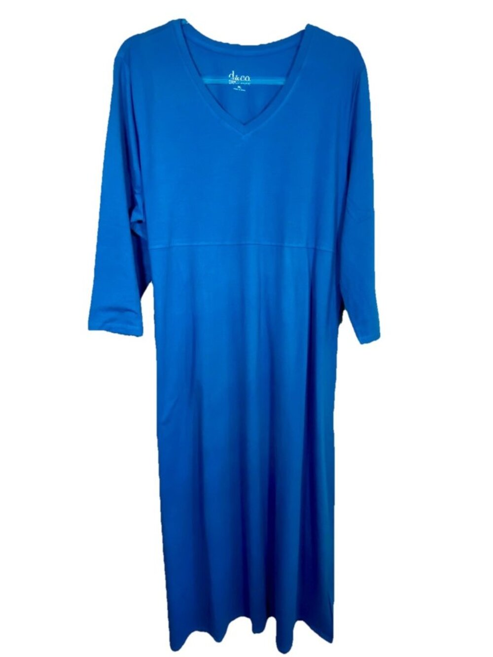 Denim & Co Size XL Turquoise Maxi Dress V Neck 3/4 Sleeve Stretch Cotton NEW